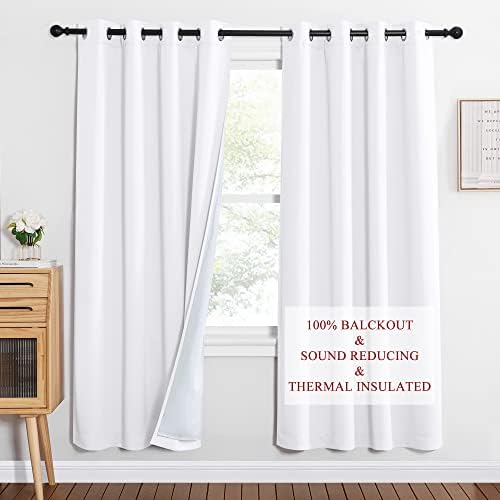 NICETOWN Noise Insulation Curtain Panels, Pair of Energy Smart & 100% Blackout Drapes for Dining Room Window, Thermal Insulated Guest Room Lined Window Dressing (Pure White, 52 x 72 inch)