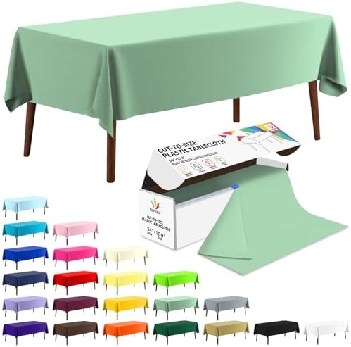 CXPSINC 54 Inch X 100 Feet Plastic Table Cover Roll Disposable Tablecloth with Slide Cutter for All Type/Shape Tables | Party, Banquet, Birthdays, Weddings(Sage Green, 100 Feet)