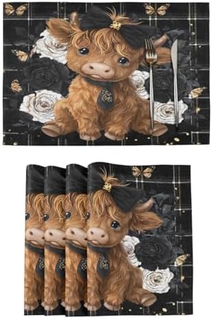ALAZA Highland Cow Rose Butterfly Set of 6 Placemats Rectangle Table Mat for Dining Table Restaurant Kitchen Home Decor, 12" x 18"