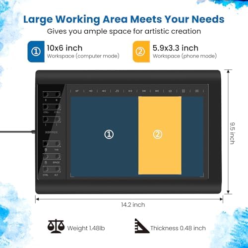 Graphics Drawing Tablet, 10×6 Inch Large Active Area with Battery-Free Stylus, 8192 Levels of Pen Pressure and 12 Hot Keys, Compatible with PC/Mac/Android for Painting, Design & Online Teaching