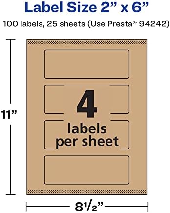 Avery® Kraft Brown Rectangle Labels, Sure Feed® Technology, 2" x 6", 100 Kraft Brown Labels, Print-to-The-Edge, Laser/Inkjet Printable
