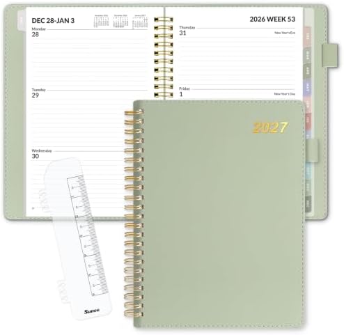 SUNEE 2027 Weekly & Monthly Planner 6.2"x8.5"- 12 Month (January 2027 - December 2027), Vegan Leather Cover, Pocket, Bookmark, Notes, Monthly Tab, Sage Green