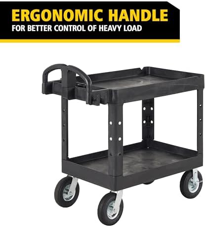 Rubbermaid Commercial Products BRUTE Heavy Duty 2-Shelf Utility/Service Cart, Medium, Lipped Shelves, Ergonomic Handle, Pneumatic Casters, 500 lb Capacity, Black, for Warehouse/Garage/Cleaning/Office