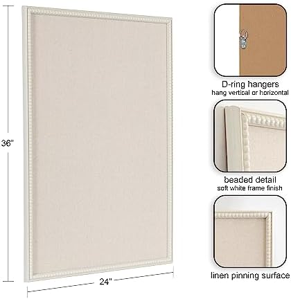 Kate and Laurel Makenna Rectangle Framed Linen Fabric Pinboard; 24 x 36; Soft White; Traditional Beaded Bulletin Board for Vintage Home Wall Organization or Aspirational Vision Board