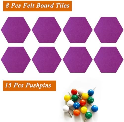 8 Pcs Hexagon Felt Cork Bulletin Board Tiles, Self Adhesive DIY Bulletin Board Pin Board for Office School Home Wall Decor Memos Photos Display(Light Purple)