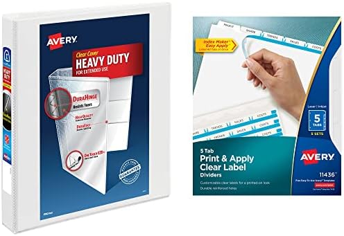 Avery Heavy-Duty View 3 Ring Binder with 1 Inch Rings, 5 Tab Easy Print & Apply Clear Label Binder Dividers, Office Supplies Set (01687)