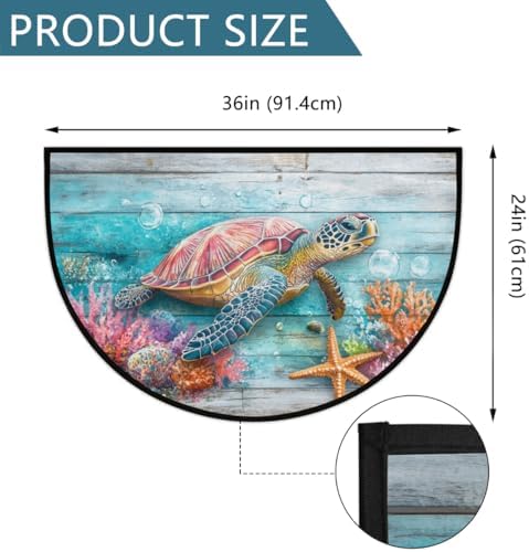 Ocean Wood Turtle Starfish Half Round Door Mat, Non-Slip Welcome Indoor Entrance Way Rug Semi Circle Front Doormats Washable Bathroom Kitchen Floor Mat, Outdoor Rugs for Garage, Patio, Hearth Rug
