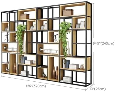 Wood Industrial Cube Bookcase with Shelves & Open Back Iron Bookshelf Floor Steel & Wood Shelf Multi-Layer Shelf Storage Rack Office Partition Display Rack Natural 126" L x 9.8" W x 94.5" H