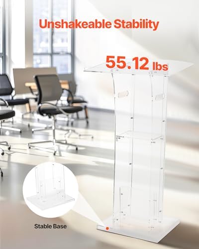 VEVOR Podium Stand, 43-Inch Acrylic Lectern, Portable Laptop Desk with Wide Reading Surface and Storage Shelf, Book Stopper, Floor-Standing, for Classroom, Wedding, Conference, Lecture and Concert