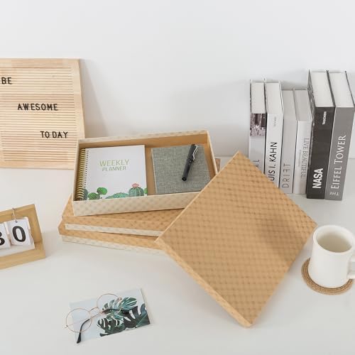 Soul & Lane - Letter Size Document Storage Boxes with Lids, Set of 3, Check | Flat Cardboard Paper Organizers for Letters, Files, Photos and Crafts, Stackable Office Keepsake Storage for Manuscripts