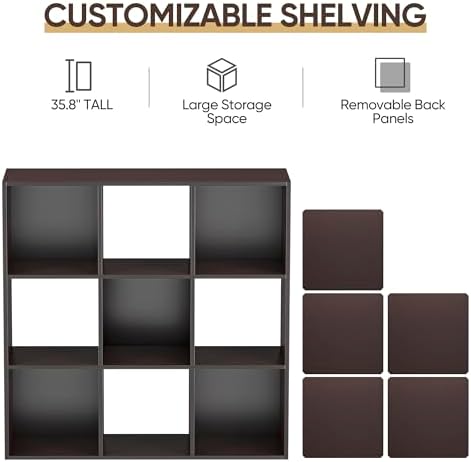 9 Cube Storage Organizer Wooden Display Storage Shelf W/5 Removable Back Panels&11 inch Opening Shelf, Customizable Cubby Bookcase Cabinet Bookshelves for Office, Living Room and Bedroom, Dark Brown