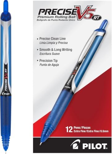 PILOT Precise V5 RT Refillable & Retractable Rollerball Pens, Extra Fine Point Pens 0.5 mm, Blue,Ideal for School, Journaling & Office Writing, 12 Count (Pack of 12)