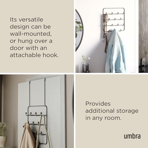Umbra Estique Coat Rack, Over the Door Wall Hooks, 14 Hook, Black/Walnut