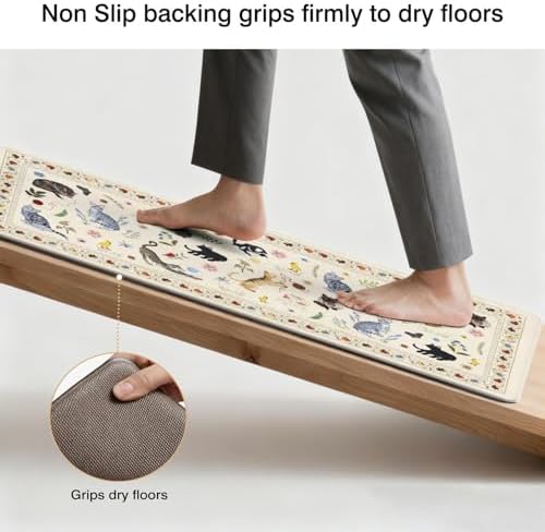 Boho Cushioned Anti Fatigue Mats for Kitchen Floor,Farmhouse Beige Floral Animal Cat Non-Slip Water Resistant Runner Comfort Foam Standing Rugs Non Skid for Home Sink,Office,Laundry 17"x47"+17"x30"
