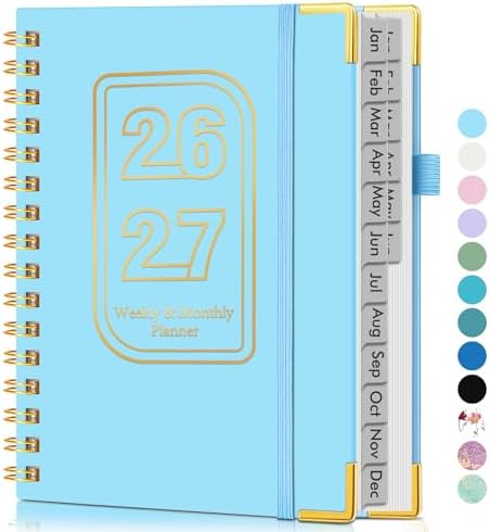 Academic Planner 2026-2027, Weekly and Monthly Hardcover Planner, July 2026 - June 2027, 5.75" x 8.38" A5 Large Daily Calendar Planner Book with Tabs, Spiral Yearly Agenda Organizer Notebook for School Work Home, Sky Blue