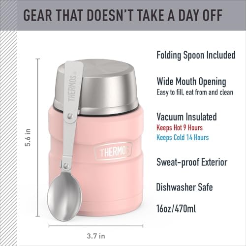 THERMOS Stainless King Food Jar with Spoon, 16oz, Matte Pink