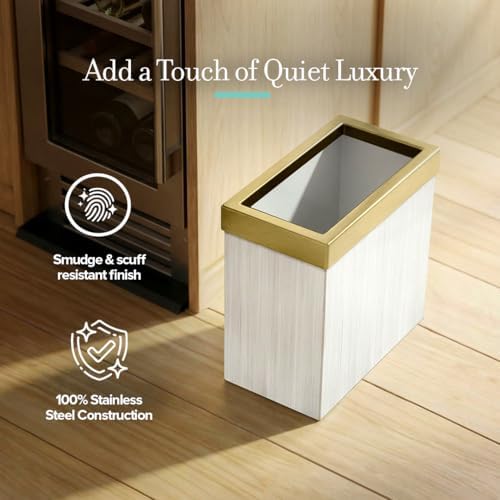 Gatco Modern Rectangle Wastebasket, White Oak/Brushed Brass Lid - Stainless Steel Trash Can with Removable Lid, Leakproof, 3 Gallon Capacity for Bathroom, Bedroom, Kitchen, or Office