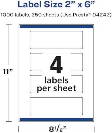 Avery® Matte White Rectangle Labels, Sure Feed® Technology, 2" x 6", 1,000 Matte White Printable Labels