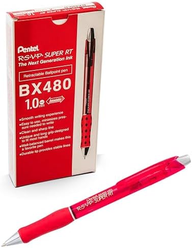 Pentel RSVP Super RT Ballpoint Pen, (1.0mm) Medium Line, Red Ink, Box of 12, (BX480-B)