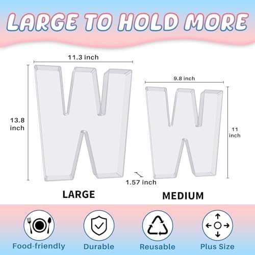 13.8" Extra Large Acrylic Letter Charcuterie Board Box, Reusable Fillable Letter Cake Candy Dish Display Serving Tray for Birthday Anniversary Party Decoration (W)