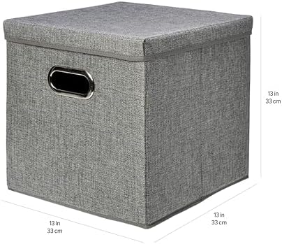 Amazon Basics Foldable Burlap Cloth Cube Storage Bins with Lid, Collapsible Organizing Containers, Stackable and Sturdy, Gray, (Pack of 10)