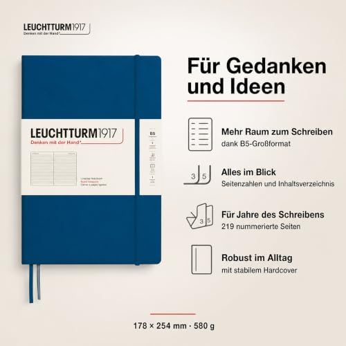 LEUCHTTURM1917 - Notebook Hardcover Composition B5-219 Numbered Pages for Writing and Journaling (Indigo, Ruled)