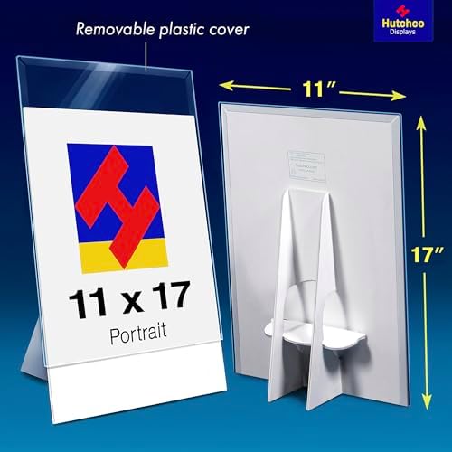 Paper Sign Holder (11 x 17 Inches) Plastic Countertop Display w/Shatterproof (No Acrylic) Clear Design & Cardboard Easel Back Tabletop Slant Support for Stackable Lightweight Portable by Hutchco