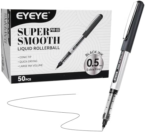 EYEYE Black Pens Pack of 50, 0.5mm Extra Fine Point Roller Ball Pen | Back to School Essential, Quick Drying Liquid Ink Rollerball Pen Fine Point Smooth Writing Pen for Journaling Office Supplies