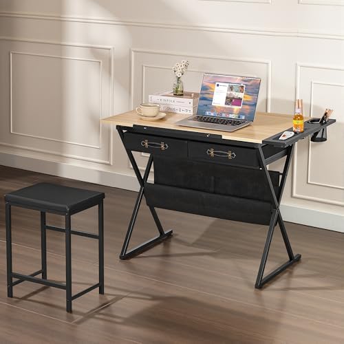 VECELO Drafting Table Art Desk Art Table Adjustable Drawing Table Tilted Tabletop with 2 Storage Drawers and Stool, Drawing Desk for Artist Painters Drawing, Crafting, Reading, Writing, Natural
