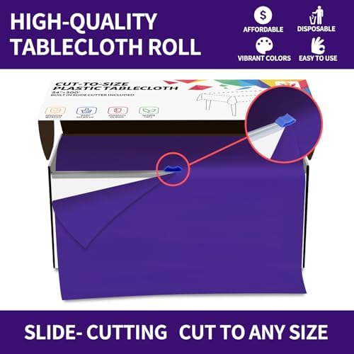 CXPSINC 54 Inch X 300 Feet Plastic Table Cover Roll Disposable Tablecloth with Slide Cutter for All Type/Shape Tables | Party, Banquet, Birthdays, Weddings(Dark Purple, 300 Feet)