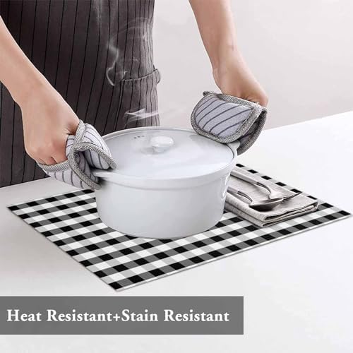 Rustic Black White Buffalo Check Plaid Pattern Placemats Set of 6, Farmhouse Heat Resistant Washable Table Place Mats Cotton Table Linens Party Holiday Decor for Kitchen Dining Outdoor Indoor