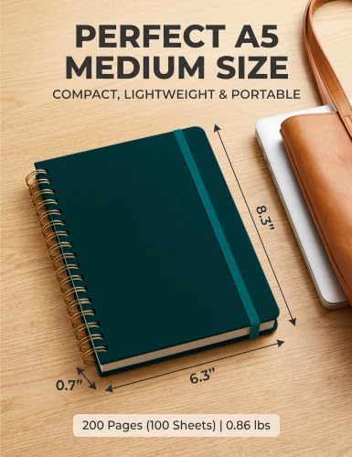 5 Pack Hardcover Spiral Notebooks, 8.3" x 6.3" Lined Journal Set, 100 GSM Bleed-Resistant Paper, 200 Pages Twin-Wire Bound Notebook with Elastic Band & Category Stickers for Office, School