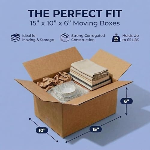 BOX USA Moving Boxes Holds 65lbs, 15"L x 10"W x 6"H (25-Pack) Small - Corrugated Cardboard Box for Shipping, Mailing, Packing, Packaging and Storage