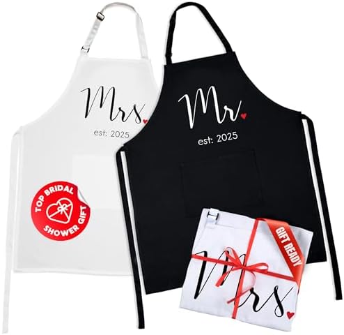 Prazoli Products Mr Mrs Apron Set - Engagement Gifts, Wedding & Bridal Shower Gifts for Couple (Mr. & Mrs. Est: 2025, Standard)