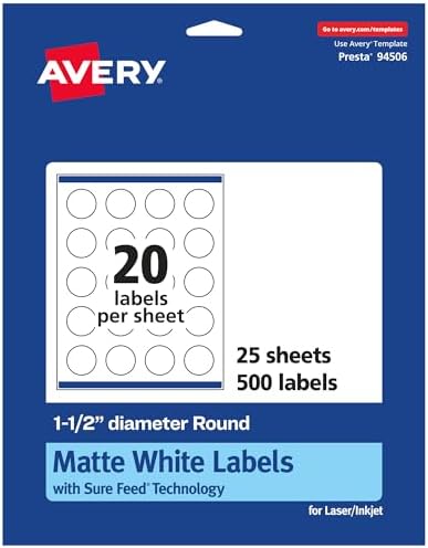 Avery® Matte White Round Labels, Sure Feed® Technology, 1.5" Diameter, 500 Matte White Printable Labels