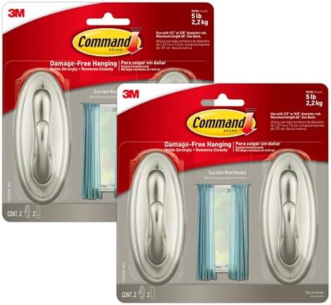 Command Medium Brushed Nickel Curtain Rod Hooks, 2 Hooks, 2 Strips