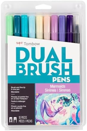 Tombow 56256 Dual Brush Pen Art Markers, Mermaids, 10-Pack. Brush/Fine Tips