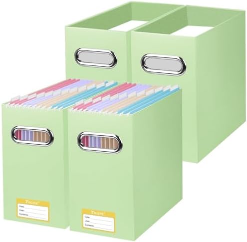 BALEINE 4PK File Organizer Box, Cardboard File Folder Organizer with Handle | Strong Corrugated Paper Core, Label Stickers for Identification, Hanging File Folder Organizer, Home Office Document Storage