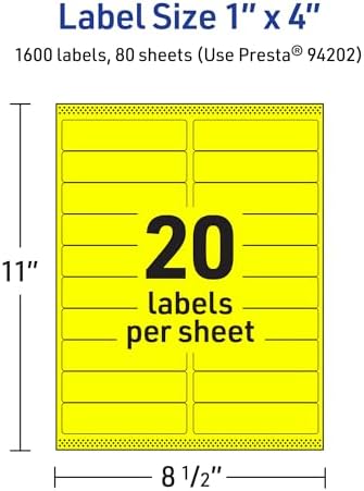 Avery® Printable Rectangle Labels, Sure Feed® Technology, 1" x 4", Neon Yellow Labels, Laser/Inkjet Printable, 1,600 Total, Great for Mailing and Cosmetics
