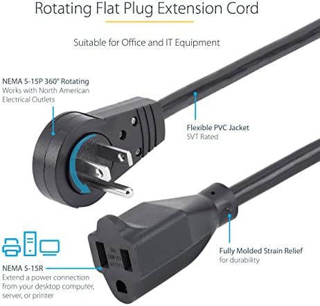 StarTech.com 6ft (2m) Power Extension Cord - 360° Rotating Flat Plug Extension Cord - NEMA 5-15P to NEMA 5-15R, 16 AWG, 125V/13A - Black Short 3-Prong Power Extender Cable (RTPAC1016) (Pack of 2)