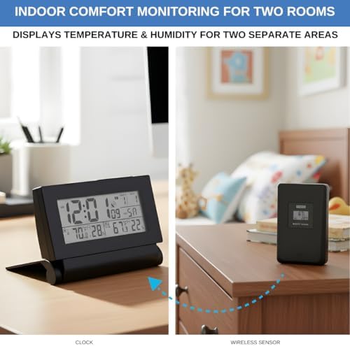 Digital Clock with Atomic RCC Time and Alarm | Indoor Temperature and Humidity Display | Wireless Sensor, Battery Operated with Blue Backlight for Bedroom or Desk