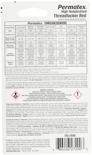 Permatex 27200 Hiigh Temperature Threadlocker Red, 10 ml