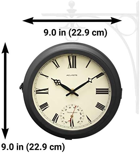 AcuRite 9-Inch Indoor/Outdoor Double-Sided Hanging Clock with 360-Degree Spin Functionality, Iron Metal Frame, Glass Lens, Quartz Crystal Movement, Weatherproof and Premium Thermometer (75140M),Black