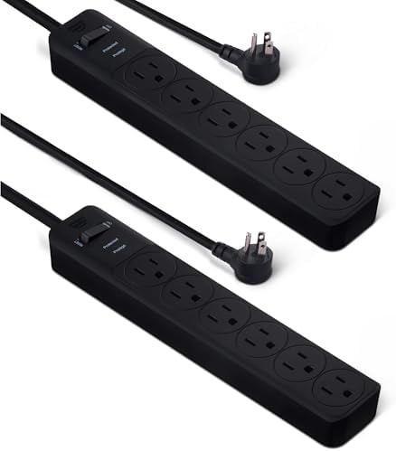 Amazon Basics Rectangle 6-Outlet Surge Protector Power Strip with Circuit Breaker, 600 Joule, 2ft Cord, Black, 2-Pack