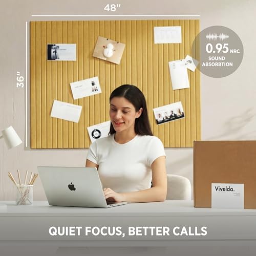 VIVELDA Large Felt Bulletin Board 48 x 36 Inch - 12-Pack Square Acoustic Wall Panels, Cork Board Alternative, NRC 0.95, Damage-Free Adhesive, Slatted Design for Home, Classroom (Mustard)