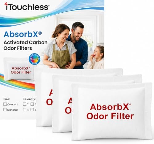 iTouchless Official AbsorbX 3-Pack Trash Can Odor Filters Activated All Natural Charcoal Air Freshener Deodorizer Absorber Stops Garbage Smells for 8 Gallon & Larger Garbage Bins with Compartment