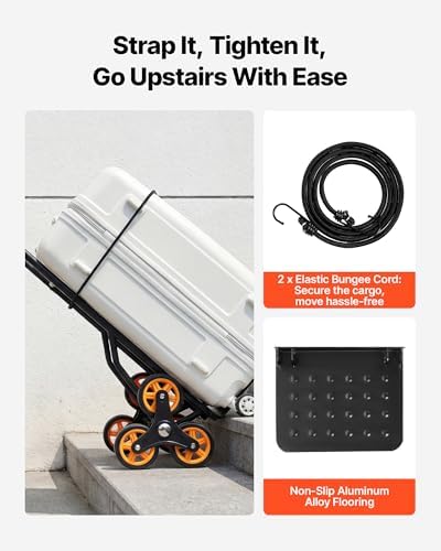 VEVOR Stair Climbing Cart 440 lbs, 330 lbs Stair-Climbing Capacity, Heavy-Duty Folding Trolley Cart with Telescoping Handle, 6 Wheels and 2 Bungee Cords for Home, Groceries, Warehouse