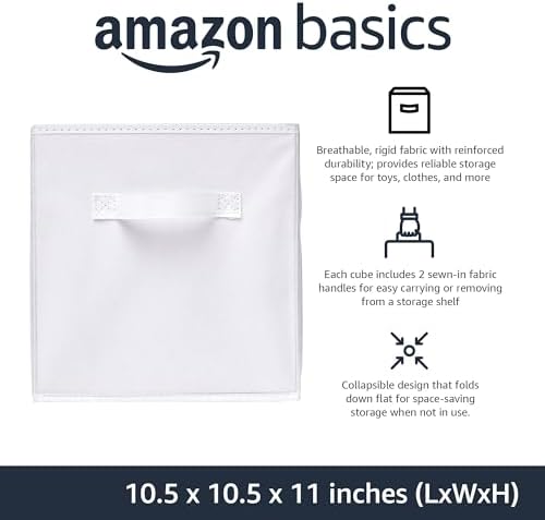 Amazon Basics Collapsible Fabric Storage Cubes Organizer with Handles, Sturdy Storage Bins, White, 10.5-x-10.5-x-11-inch, 6-Pack