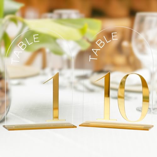 Clear Arch Wedding Table Numbers 1-10, Gold Numbers and Stands