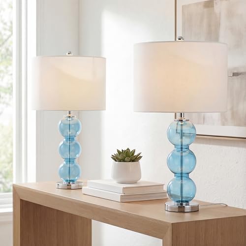 JONATHAN Y Bella 27" Glass Table Lamp, Sky Blue/Chrome, Set of 2